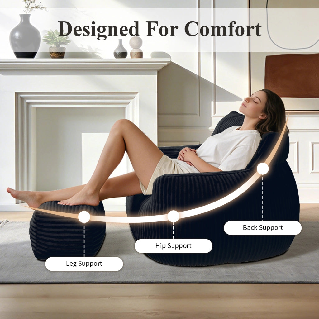 Pouf sacco ergonomico con imbottitura in memory foam, morbido e senza montaggio, in flanella nera