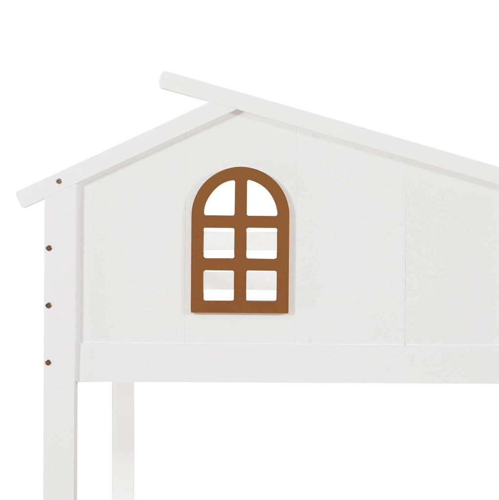 Letto a castello 90x200 cm e 120x200 cm con finestra; scivolo e scala in legno e MDF bianco