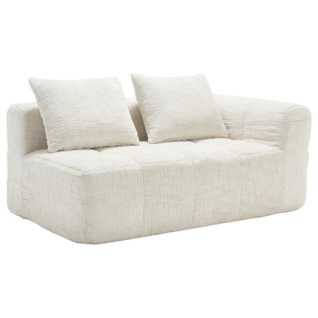 Divano chaise longue in chenille beige, morbida imbottitura in schiuma, tasche laterali e cuscino incluso