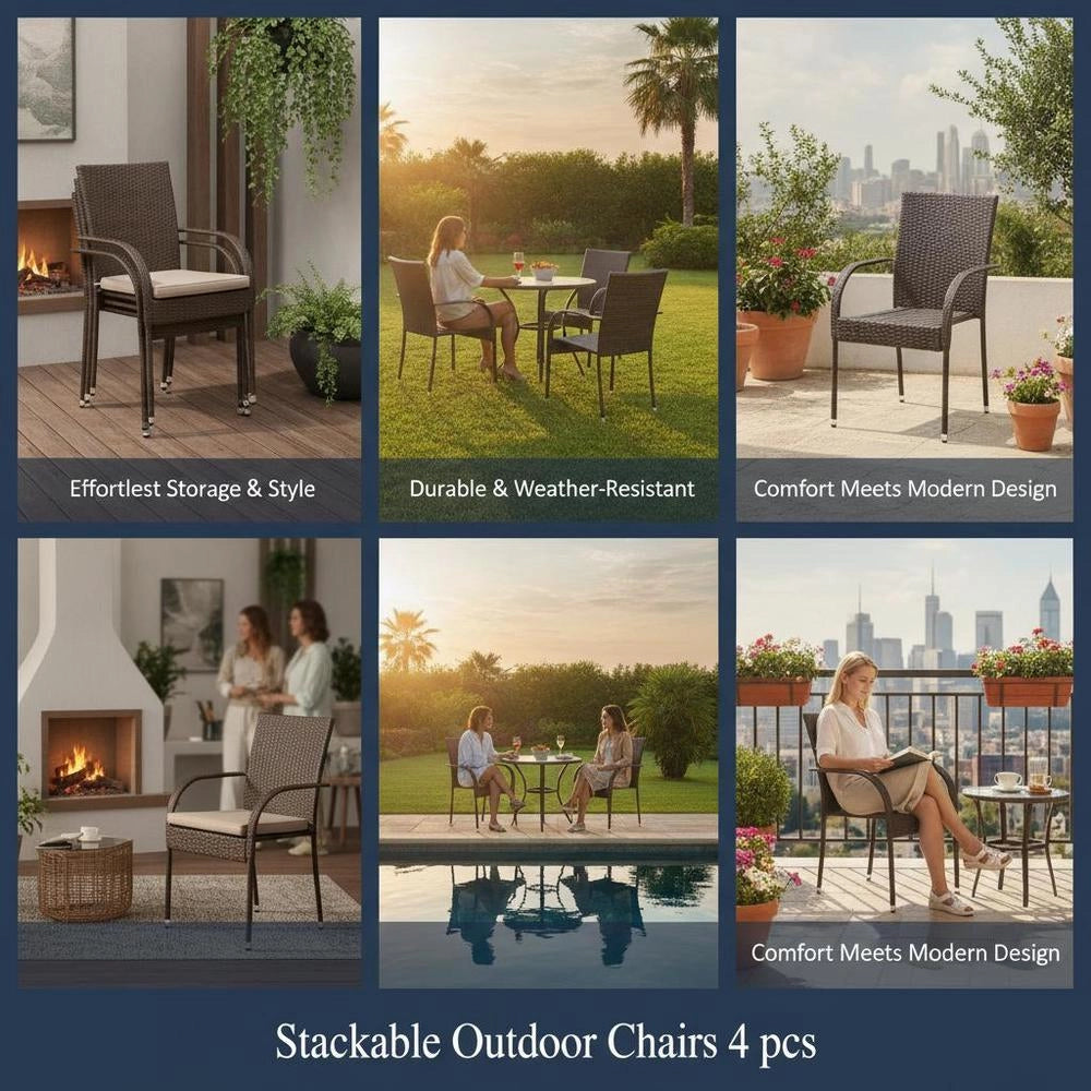 Stackable Garden Chairs 4 Pcs Poly Rattan Brown