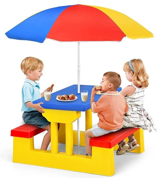 Set di picnic per bambini con sedile, sedie e tavolo in plastica per bambini inclusa ombrellone, 2 panche e tavolo (rosso-blu-giallo)