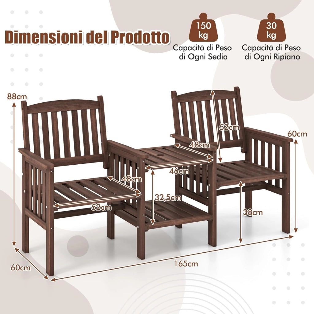Set Tavolo e Sedie da Giardino con Foro per Ombrellone, Set di Mobili a 2 Posti in Legno Abete, Tavolino a 2 Ripiani, Sedia Portata 150 kg, Tavolino Portata 30+30 kg (Marrone)