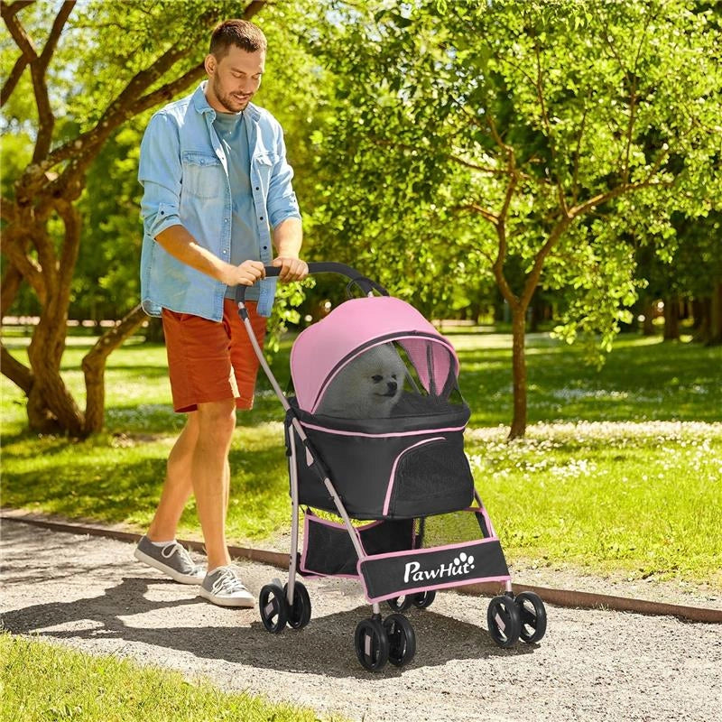 PASSEGGINO PER CANI 2 IN 1 PIEGHEVOLE E CONVERTIBILE IN TRASPORTINO CON 2 GUINZAGLI E CUSCINO, ROSA
