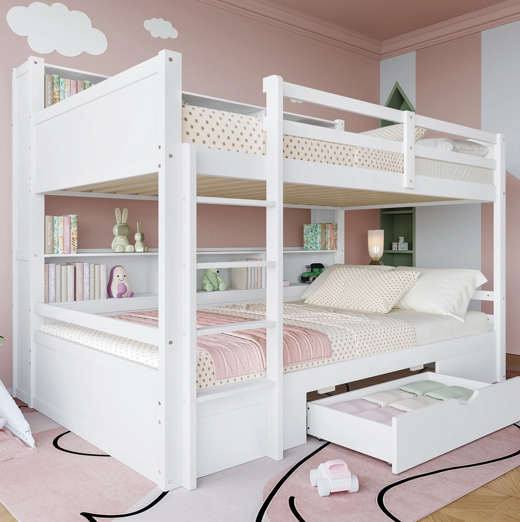 Letto a castello 90x200 cm bianco con cassetto e ripiani