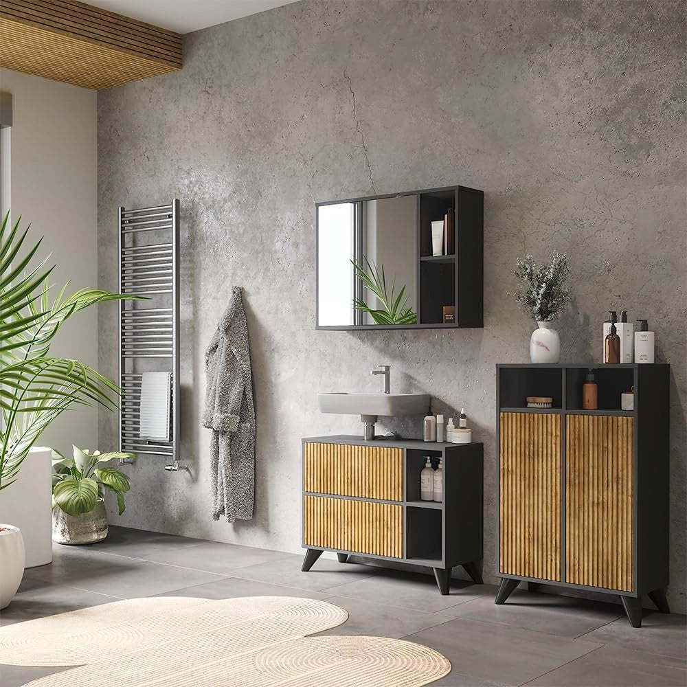 Set di mobili da bagno Leano, Antracite/quercia di montagna, 80 cm, composto da mobile sottolavabo, specchiera e mobile medio