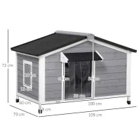 Casetta per Cani in Legno con Design Rialzato, Tenda Protettiva e 2 Finestre, 109x79x72 cm