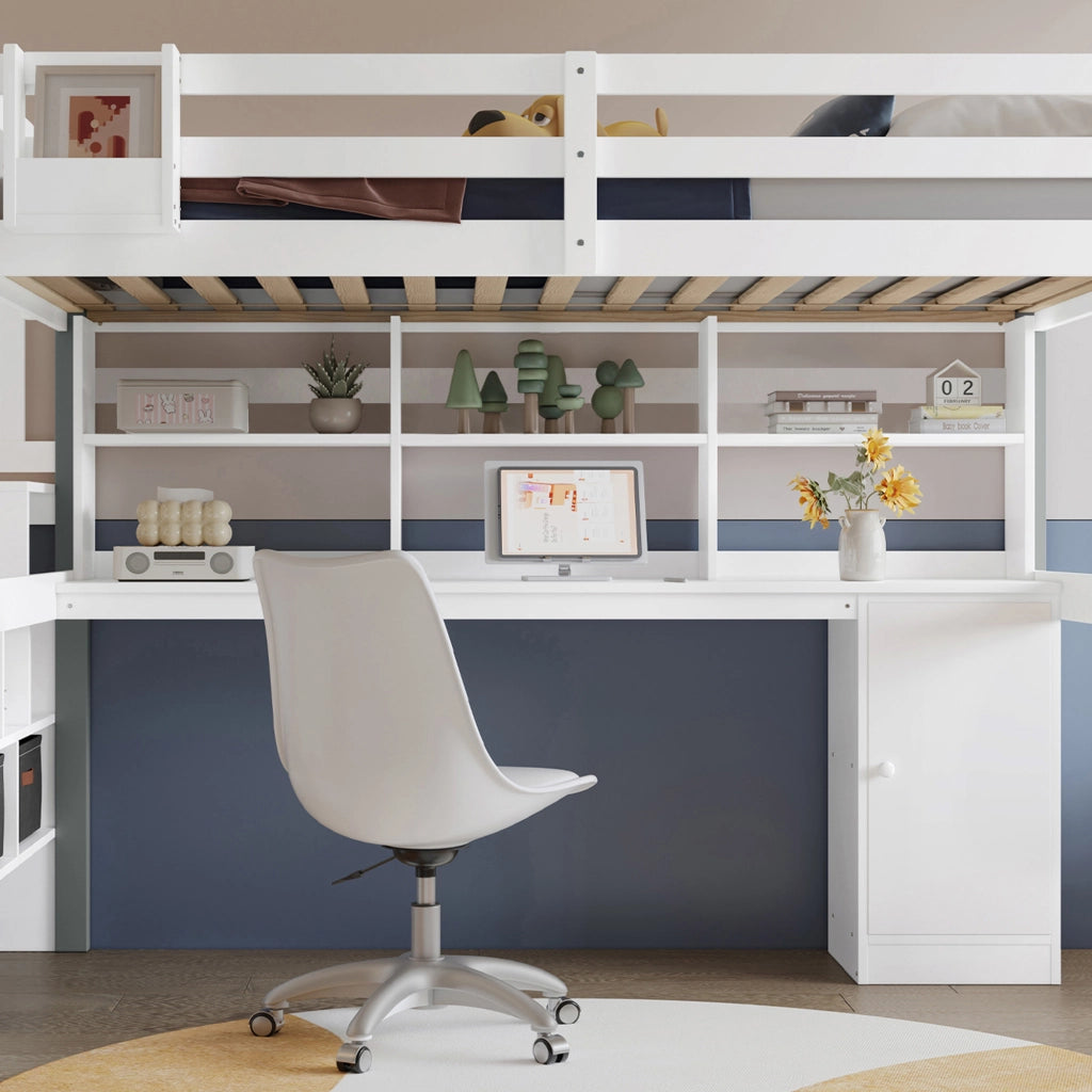 DESMIU Letto rialzato 1 posto con scrivania, contenitori, scala laterale e scaffale 90 × 200 cm, senza materasso
