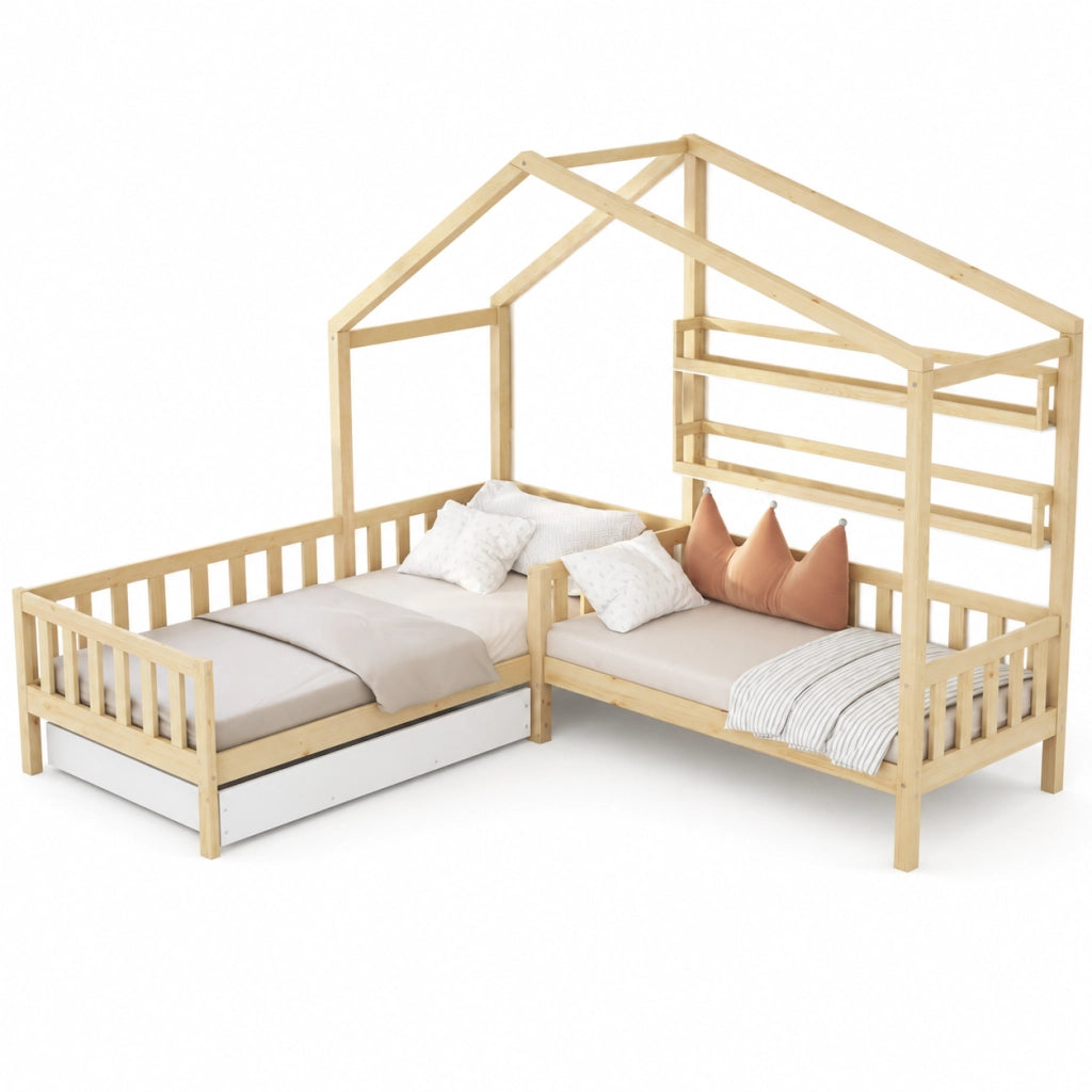 Letto a casetta 243x208x183 cm con cassetto e ripiani in legno naturale
