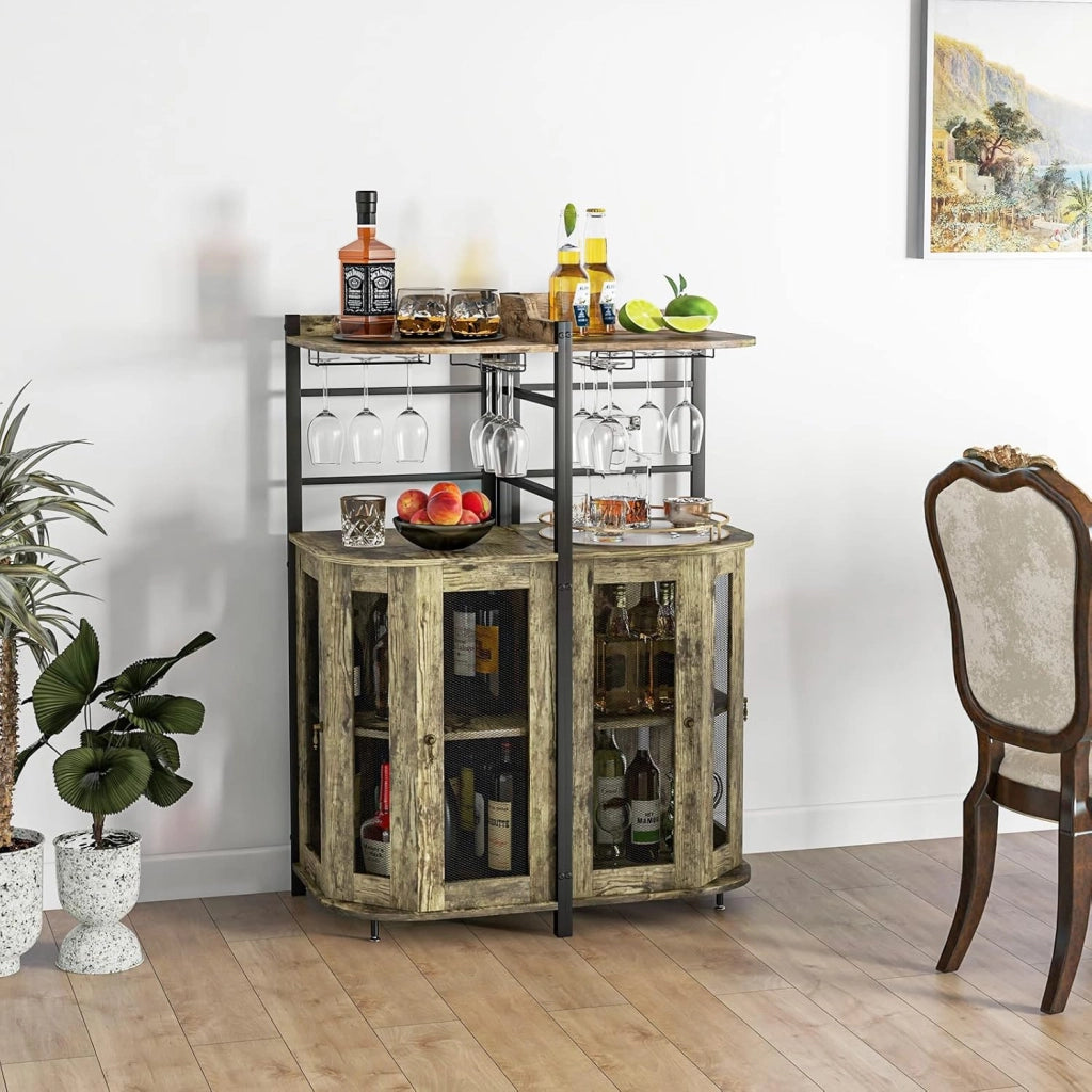 Armadietto angolare da bar con supporto in vetro, armadietto industriale per vino con ante in rete metallica e ripiano regolabile, armadietto da buffet con kit anti-ribaltamento, per casa