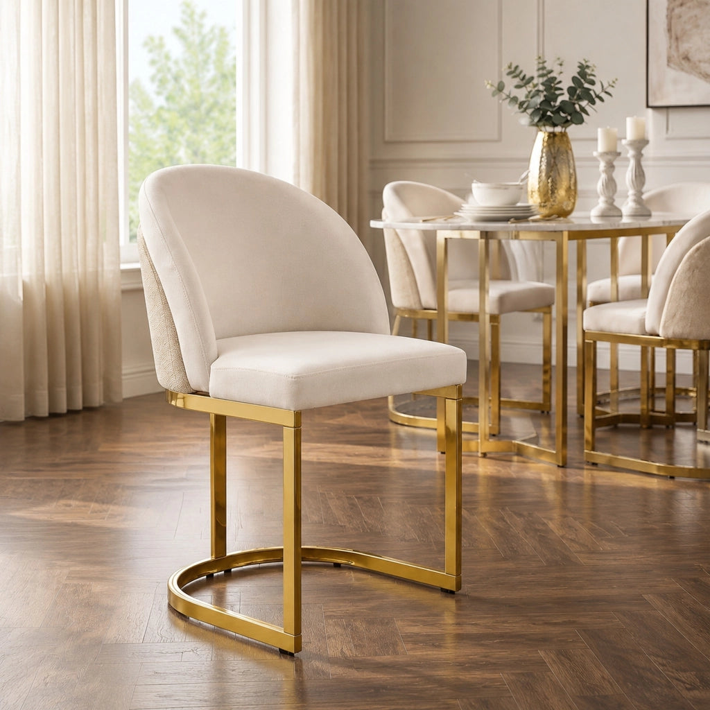 Set di 6 sedie da pranzo con doppio schienale e gambe in metallo rivestite in chenille beige e oro