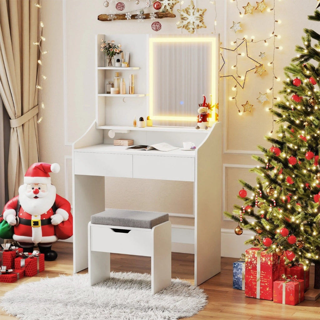 Tavolo toeletta con sgabello contenitore set toeletta con specchio e luci-Tavolo toeletta stazione di ricarica 3 colori di luce Bianco