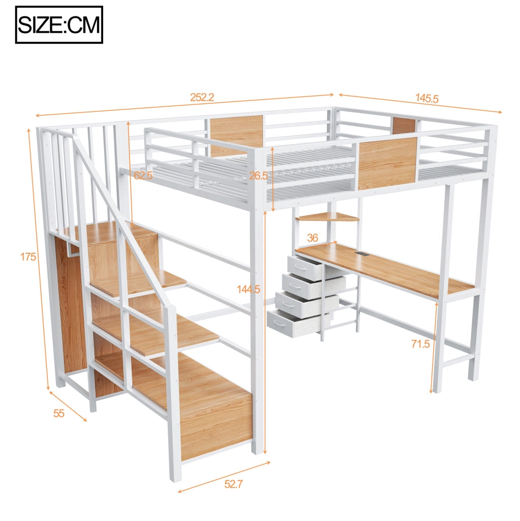 Letto a soppalco 140x200 cm con scrivania; ripiani; appendiabiti; LED e presa; metallo bianco