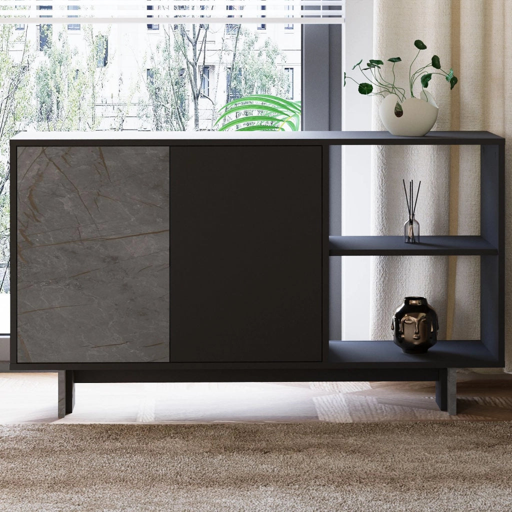 Credenza in legno "Ravello" - 140 x 35 x 80 cm - Grigio antracite marmorizzato