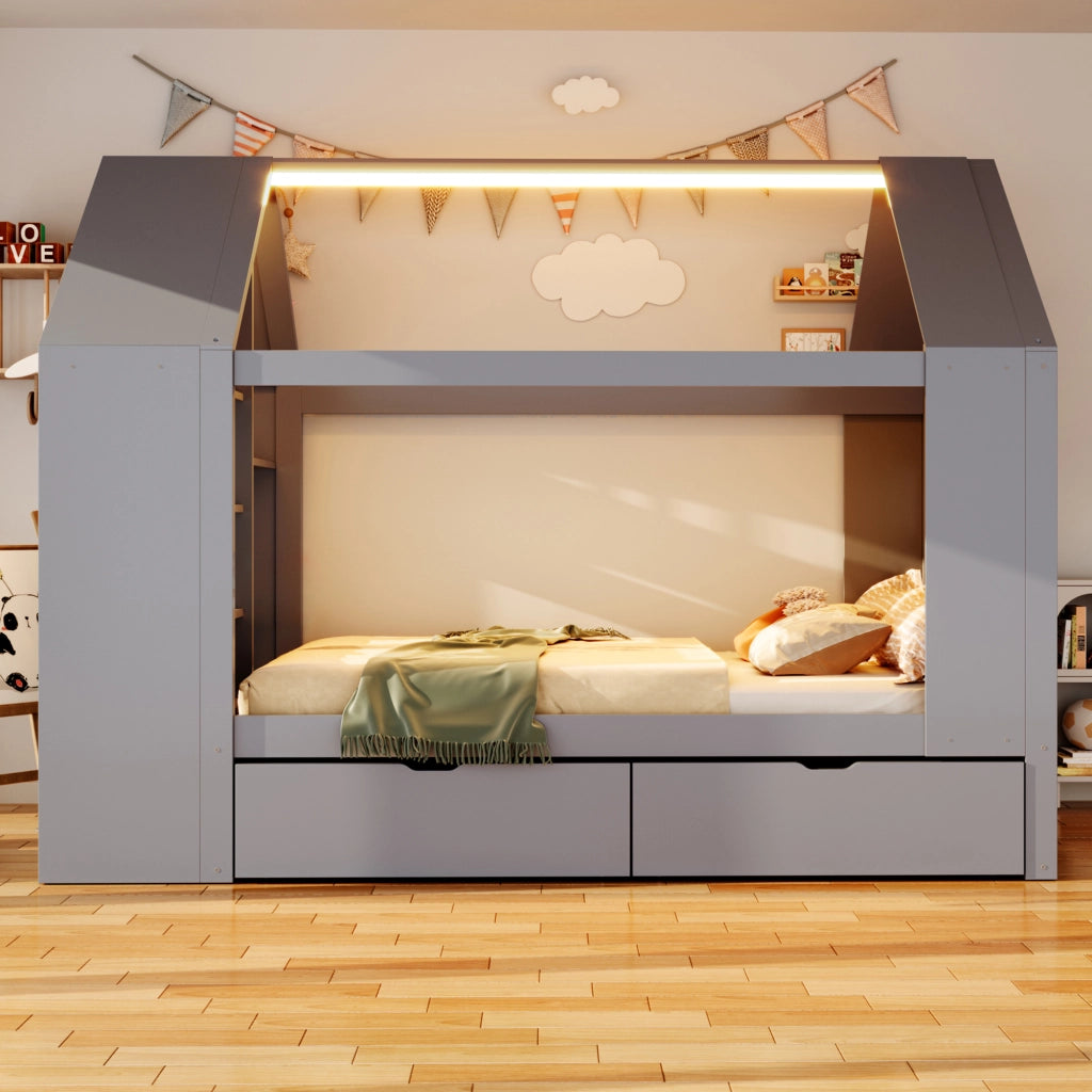 Letto per bambini singolo con 2 cassetti; LED; vani laterali e contenitore; 90 × 200 cm; senza materasso;