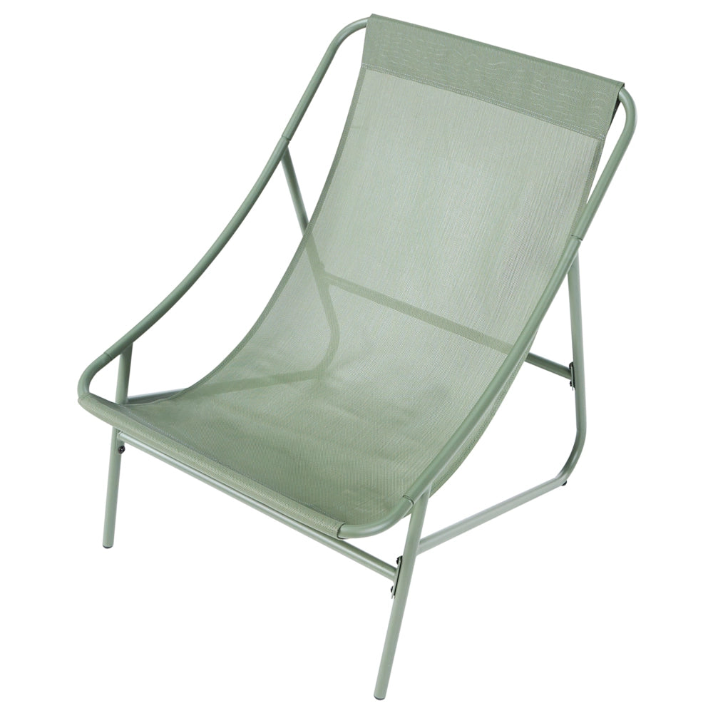 Set da esterno: struttura in acciaio verde e beige, sedute in tessuto divano a due posti con poltrone e tavolino
