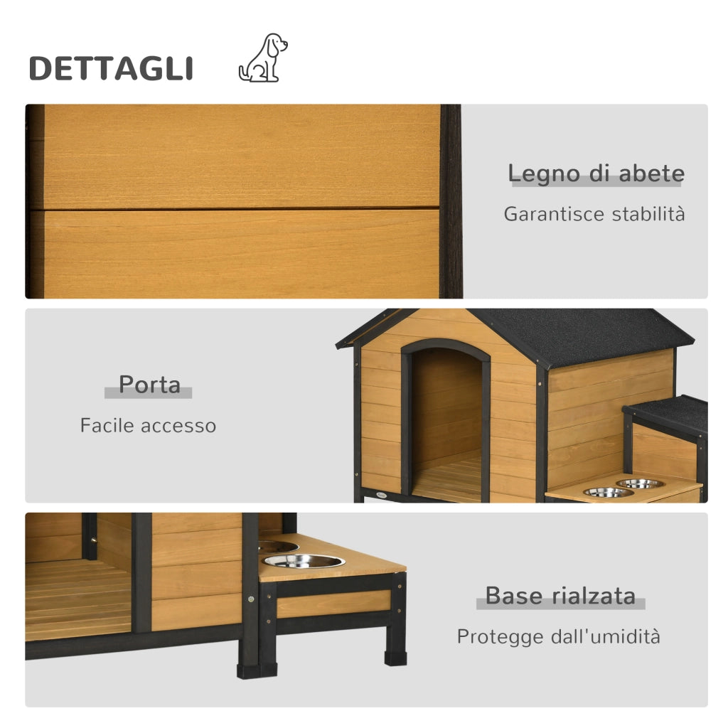 Easycomfort Cuccia per Cani Taglia Media con 2 Porta Ciotole, Box Esterno e Tetto in Bitume, 130x93x92cm