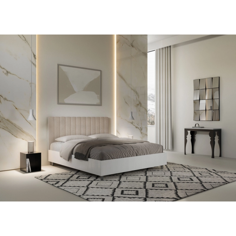 Letto Matrimoniale 160x190 cm struttura bianco frassino testata Kaia - Contenitore,Microfibra,Sabbia