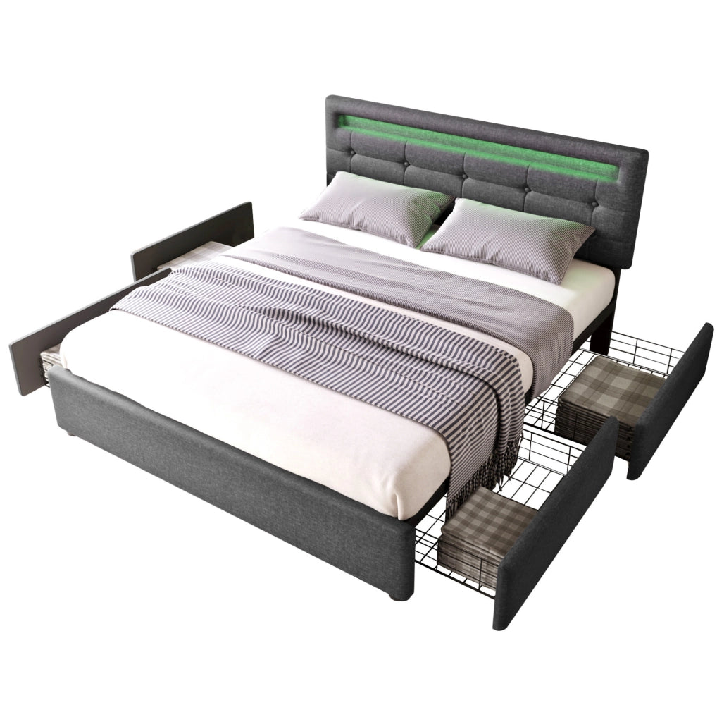 Letto matrimoniale con LED, 4 cassetti e testiera regolabile