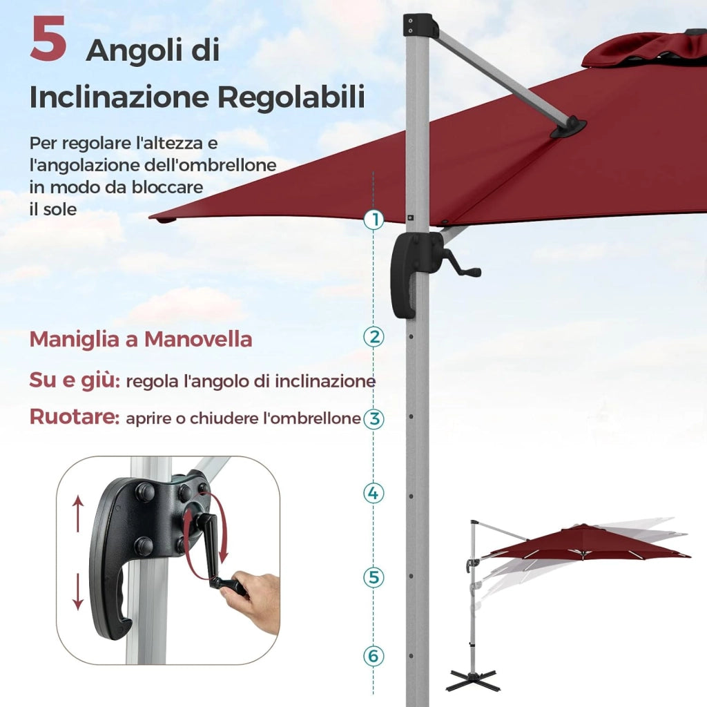 Ombrellone da Giardino 339 cm, Ombrello da Giardino Rotondo con Rotazione a 360°, Ombrellone da Giardino Inclinabile con Base, Ombrello da Sole per Giardino, Patio (Rosso)