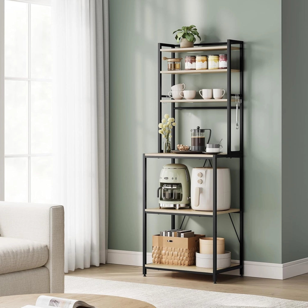 Scaffale da Cucina con 6 Ripiani, Scaffale per Microonde con 6 Ganci, Struttura in Metallo, Legno Ingegnerizzato, 60x40x167cm, Rovere Chiaro+Nero