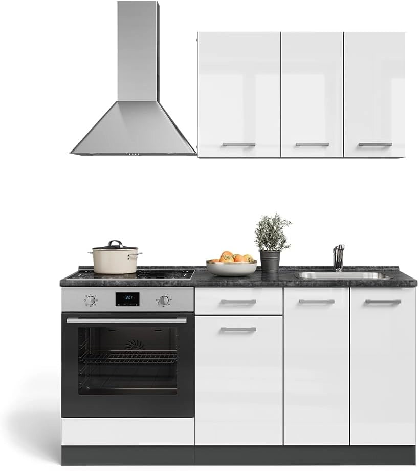 Cucina completa R-Line, Bianco lucido/antracite, 160 cm con base forno e lavello con PT