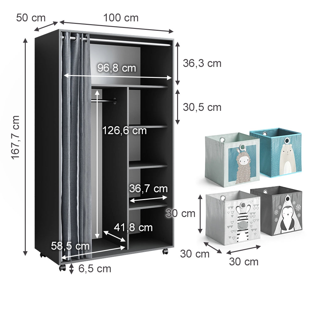 Vicco Armadio multifunzione Grigio 100 x 168 cm aperto, con rotelle
