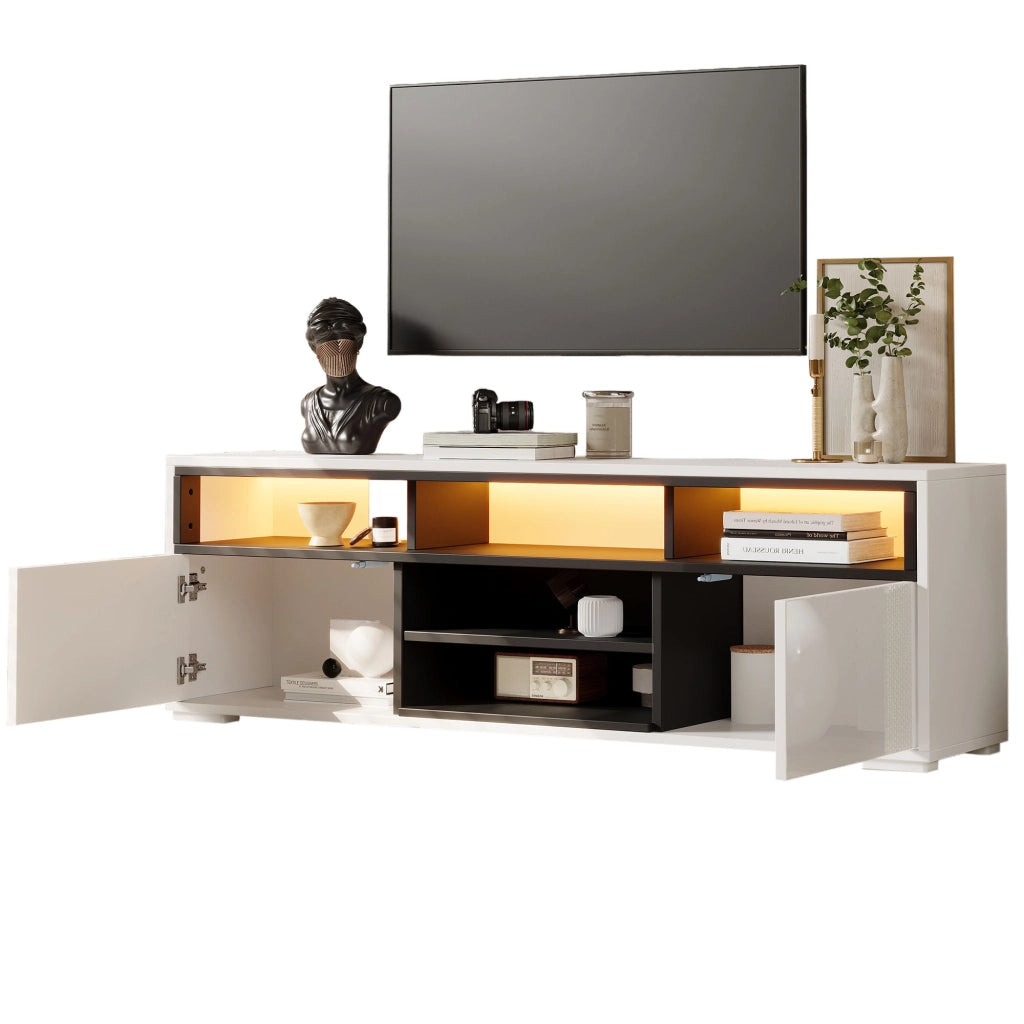 Mobile TV LED 150 x 35 x 50 cm, bianco, in pannello truciolare, con vani portaoggetti, luci LED e portata 30 kg