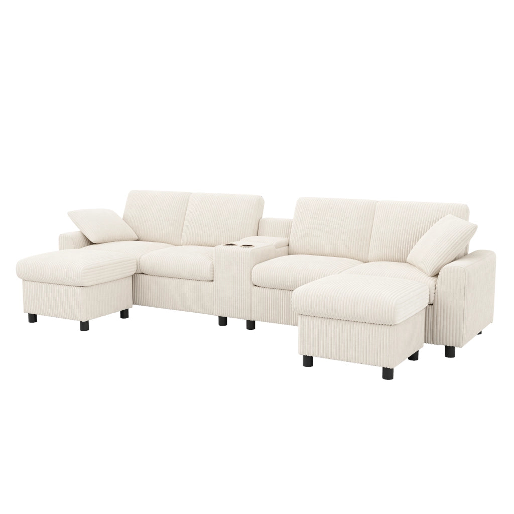 Divano U in tessuto boucl¨¦ beige con 2 pouf contenitore, tavolino laterale, porte USB e prese di corrente, 315¡Á135¡Á81 cm