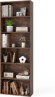 Libreria Scaffale a 6 Ripiani, Libreria Verticale con 2 Kit Antiribaltamento, Mobile Soggiorno in Legno, con Cuscinetti Antiscivolo, per Studio, Camera da Letto, 60 x 23,5 x 178 cm (Marrone)