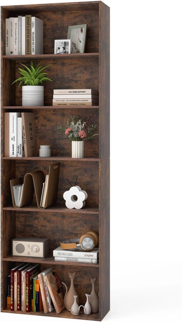 Libreria Scaffale a 6 Ripiani, Libreria Verticale con 2 Kit Antiribaltamento, Mobile Soggiorno in Legno, con Cuscinetti Antiscivolo, per Studio, Camera da Letto, 60 x 23,5 x 178 cm (Marrone)