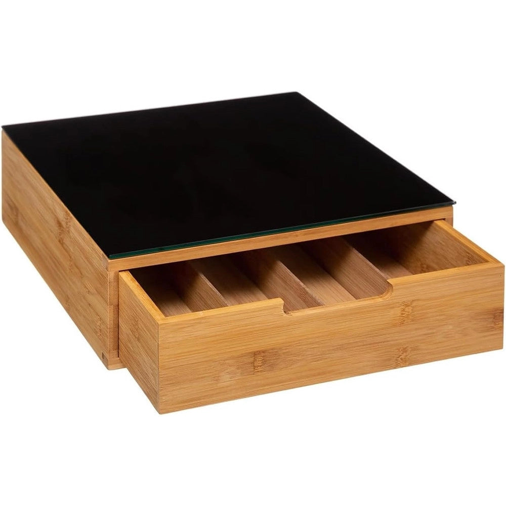 Trade Shop - Portacapsule Bambù Con Cassetto 4 Scomparti Organizzatore Capsule Cialde Caffè Tisane Tè -