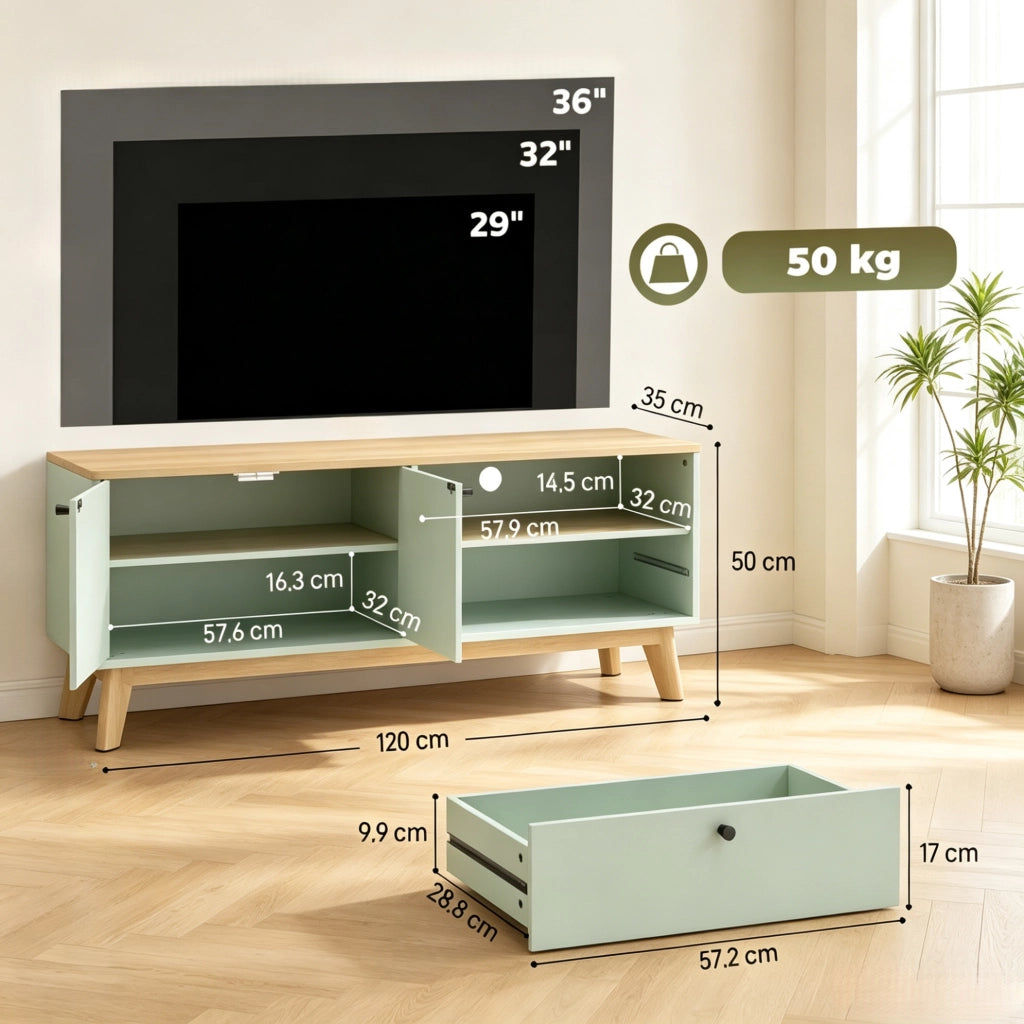 Mobile TV 120 cm verde chiaro e rovere in MDF