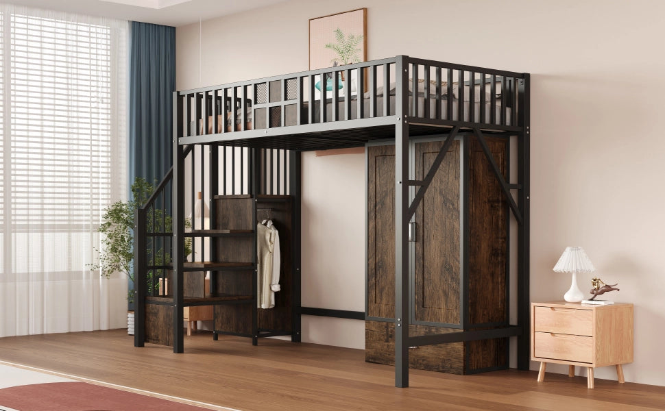Letto a castello nero in metallo e legno con funzione contenitiva 90x200 cm