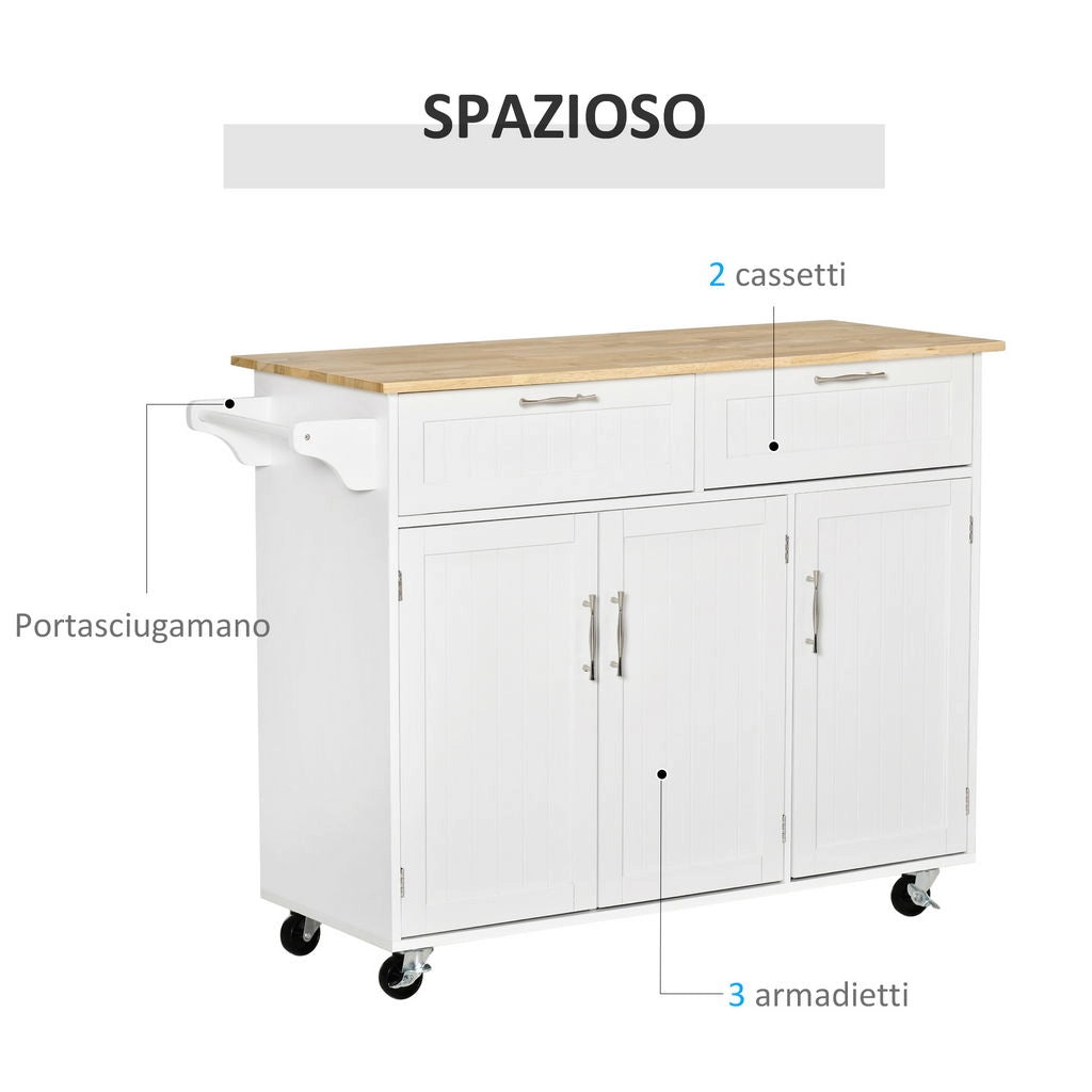 CARRELLO DA CUCINA MULTIUSO IN LEGNO 121X46X91CM BIANCO E MARRONE