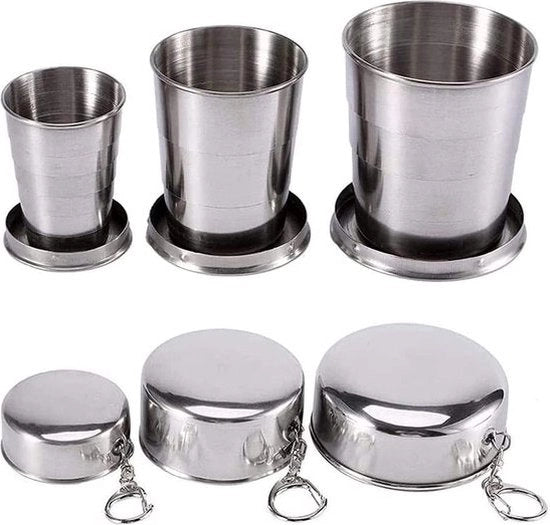 Tazza da Campeggio 3 Pezzi - Tazza Telescopica in Acciaio Inox 75ml/150ml/250ml - Tazza Portatile per Picnic Escursioni Tazza da Viaggio in Silicone Pieghevole
