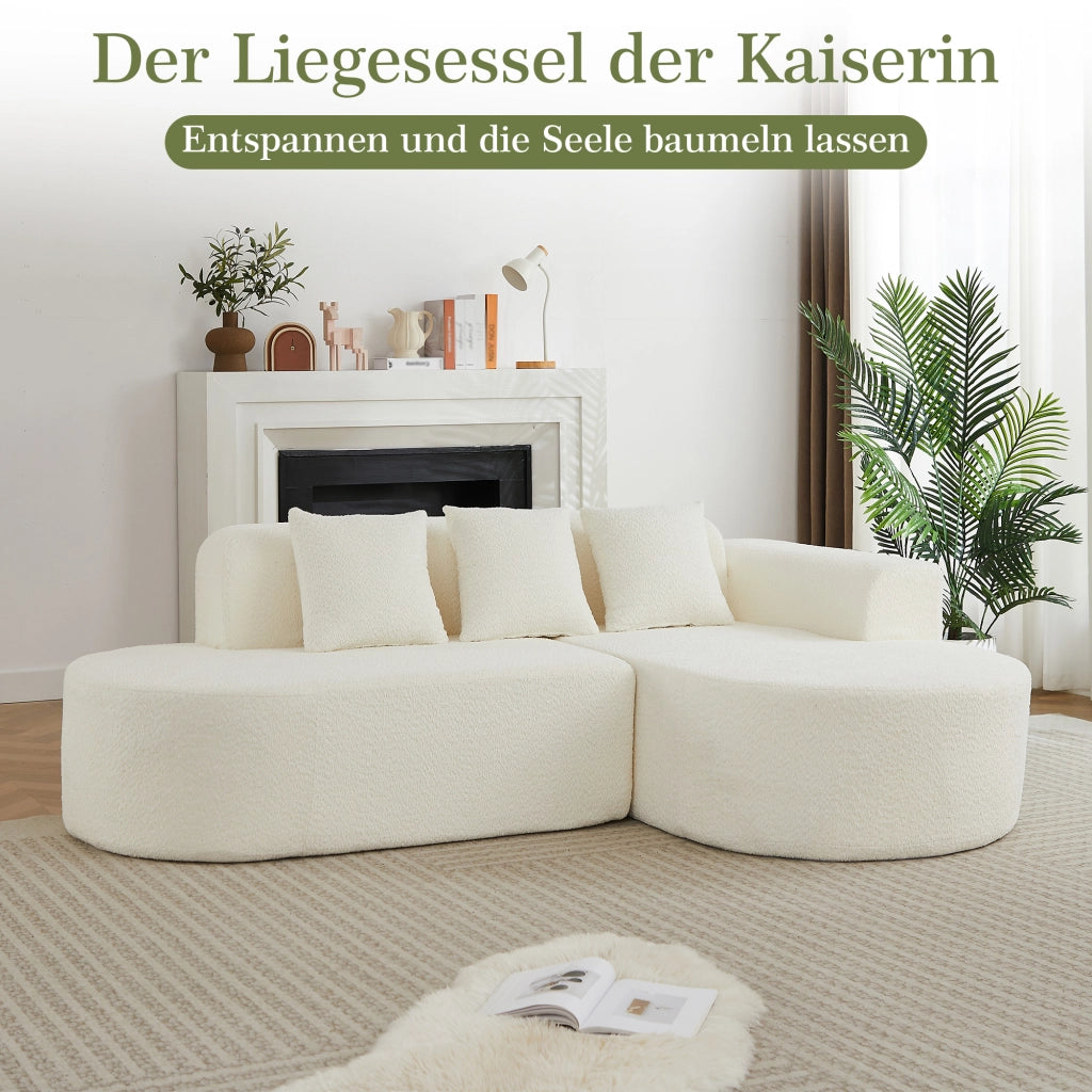 Divano angolare con chaise longue a destra e 3 cuscini schienale, design arrotondato in ciniglia beige