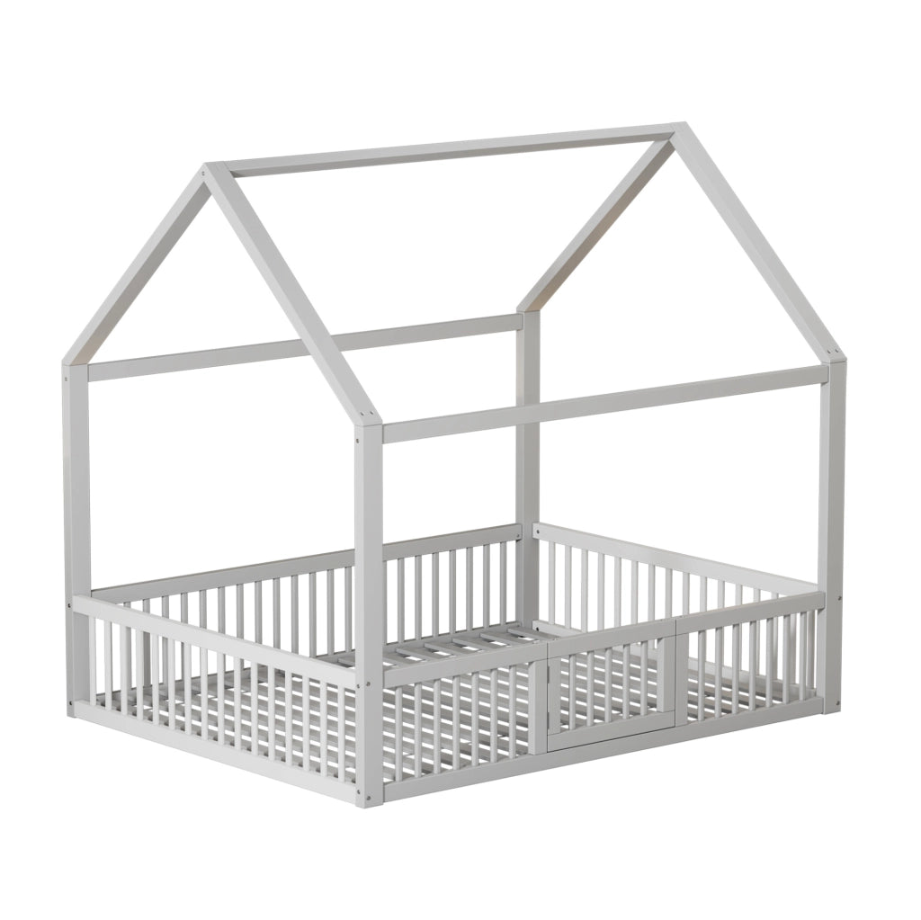 Letto a casetta 140x200 cm con sbarre di sicurezza; legno; bianco