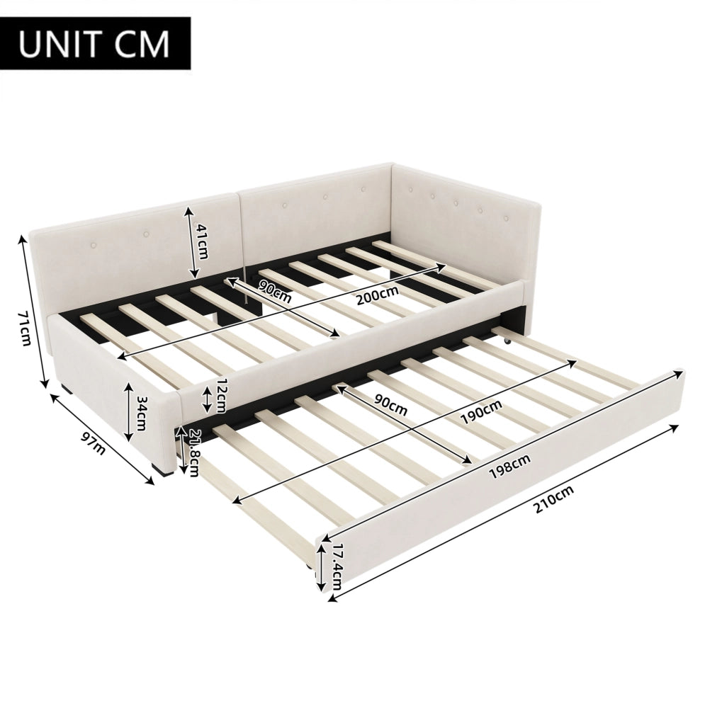 Letto singolo 90x200 cm con letto estraibile; velluto Beige chiaro