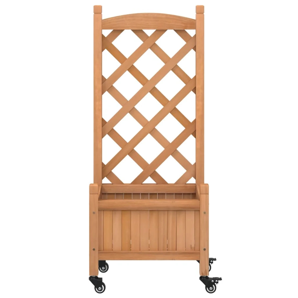 Portavaso per fioriera aiuola rialzata piante fiori terrazza giardino con traliccio e ruote in legno massello di abete marrone 02_0038370