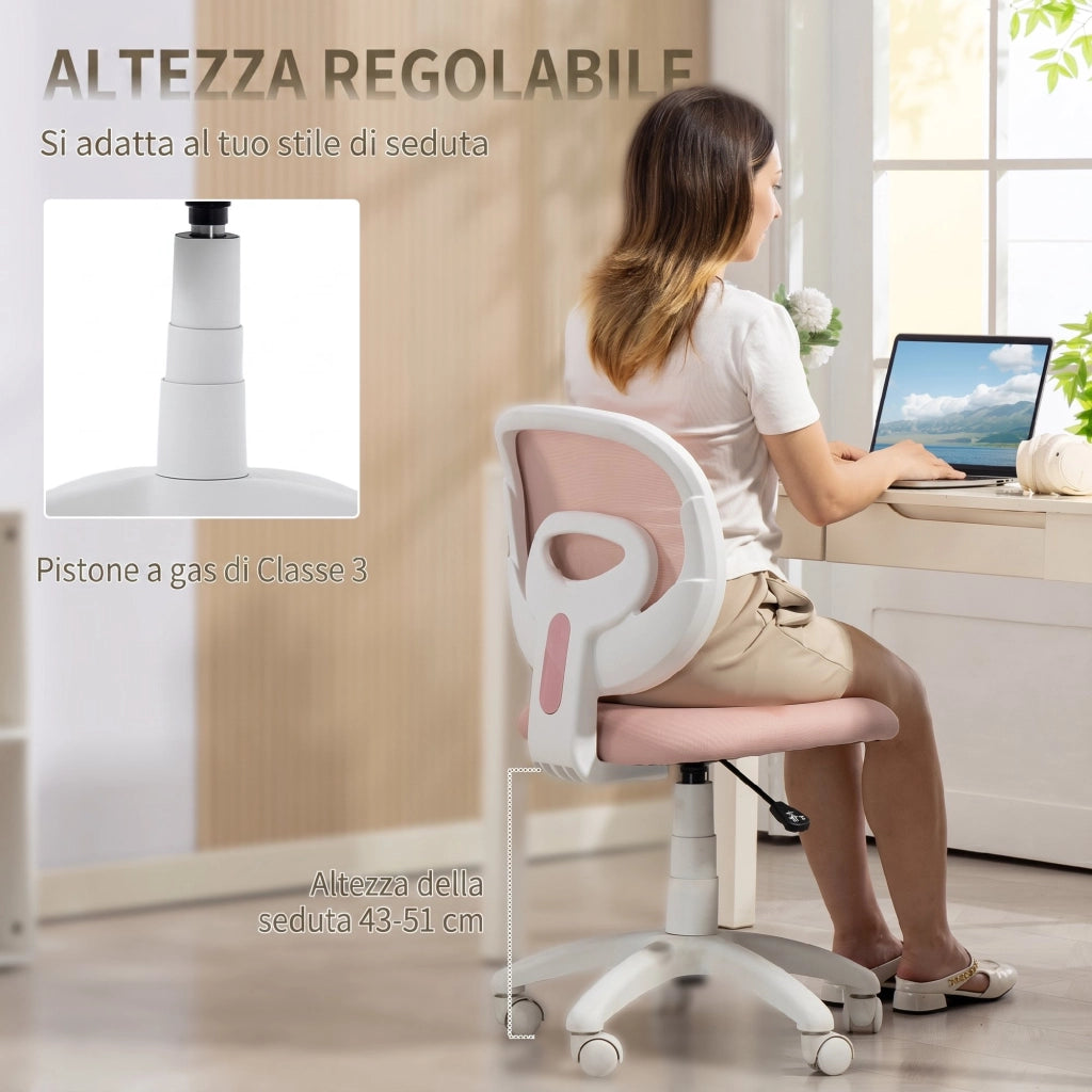 Sedia da Ufficio Ergonomica Girevole 53x59,5x81-89 cm Senza Braccioli in Tessuto a Rete Traspirante Rosa