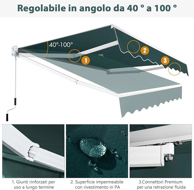 Tenda da Sole per Esterno Avvolgibile, Tenda da Sole a Bracci Estensibili con Telaio in Alluminio e Tettuccio Resistente al Sole e Impermeabile e Manovella (245 x 200 cm,Verde)