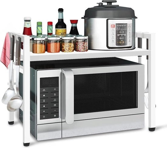 Opbergrek multifunzionale da cucina - Cassetto metallico con 6 ganci - Capacità di carico 25 kg - Bianco - 36-60 x 36 x 44 cm Opbergrek