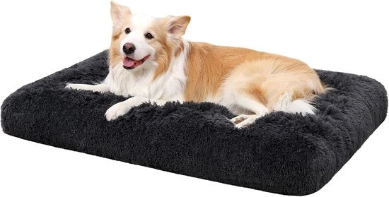 Letto per Cani Grande, Con Piuma Lunga, Sottopiede Antiscivolo, Lavabile, 90 x 60 cm, Grigio Scuro