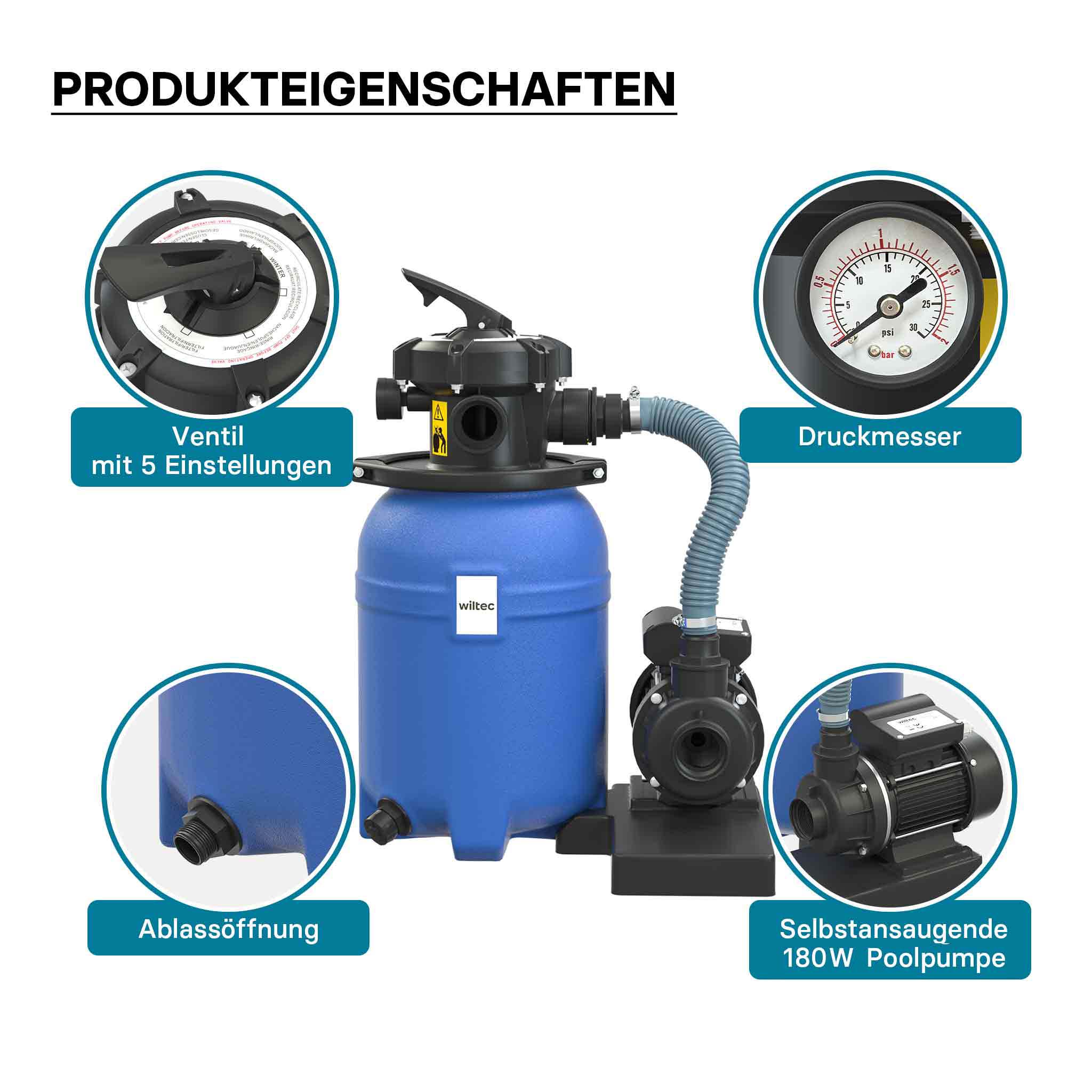 Filtro a sabbia per piscina, 180 W, serbatoio filtrante 14 l, pompa piscina autoadescante 9.000 l/h