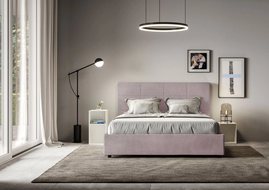 Letto queen size con rete imbottito 150x200 microfibra sabbia Mika