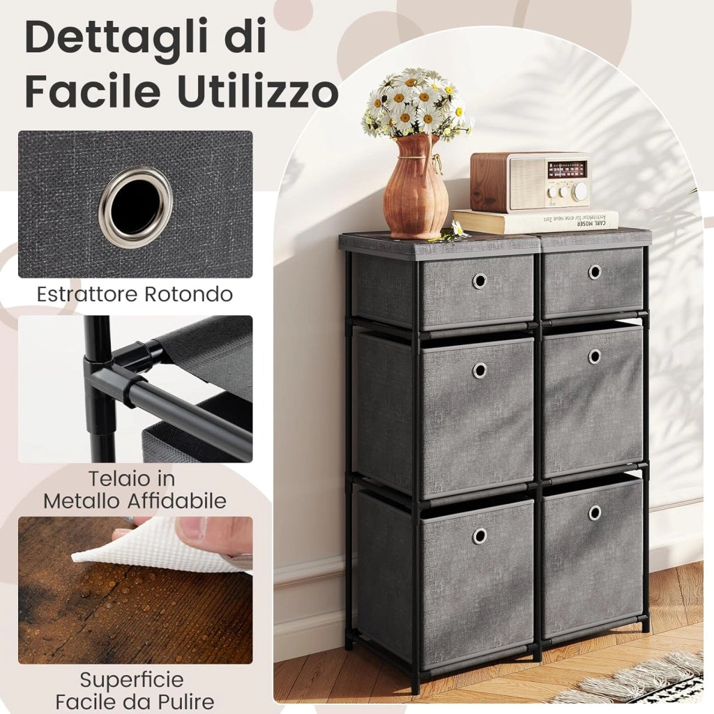 Comò con 6 Cassetti, Cassettiera in Tessuto con Struttura in Metallo e Legno, Armadietto Portaoggetti Salvaspazio, per Soggiorno, Camera da Letto e Corridoio (58 x 29 x 84 cm,Grigio)