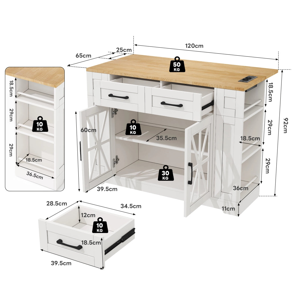 Carrello da Cucina con 2 Ante in Vetro; 1 Cassetto; 6 Ripiani Aperti; Prese e USB; Piano Pieghevole; MDF; 120 x 40 x 92 cm