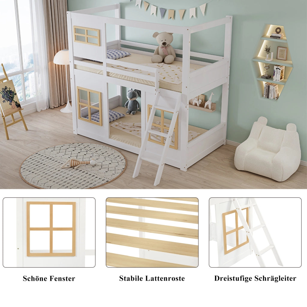 Letto a castello per bambini 90x200 cm con finestre; scala a gradini e protezione su quattro lati