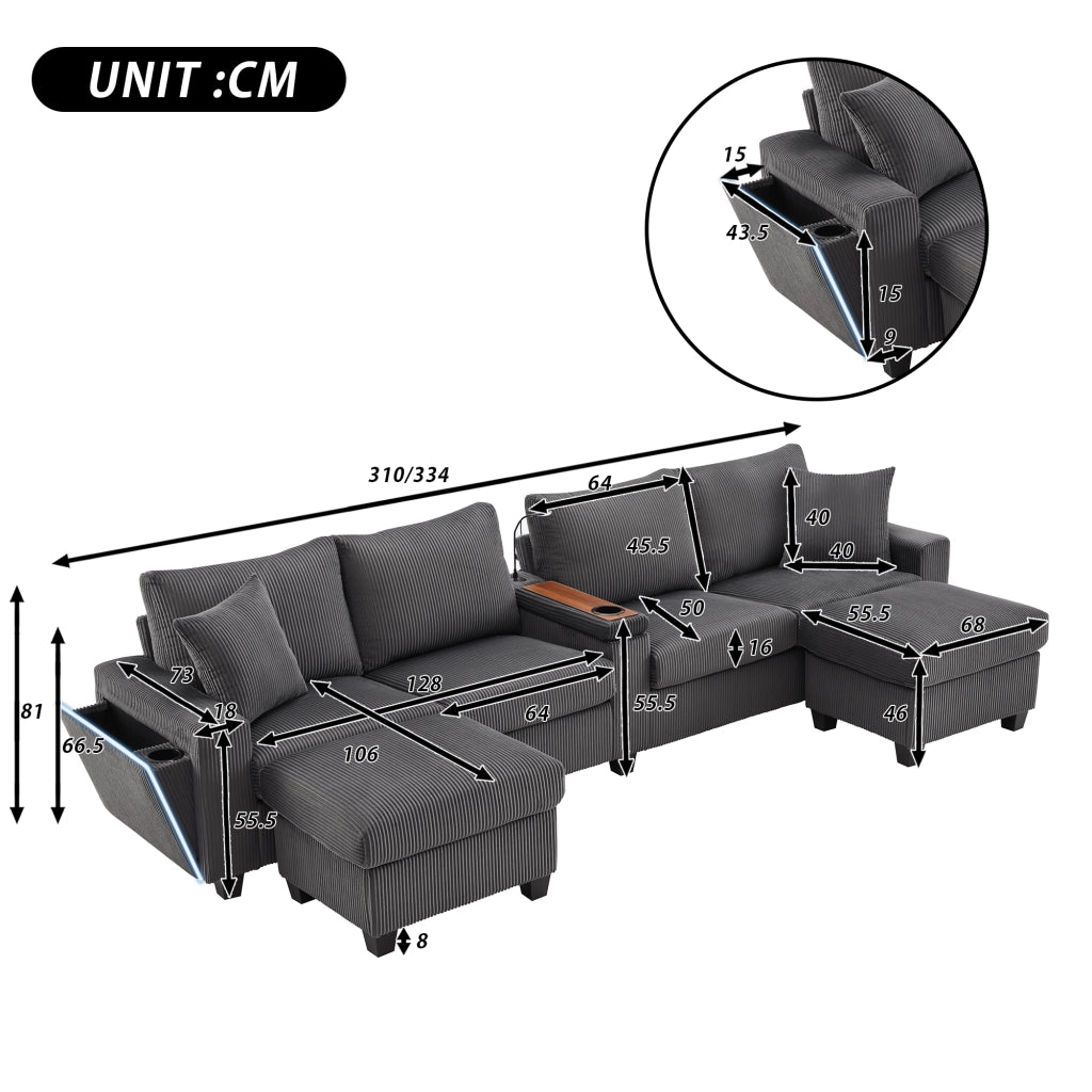 Divano a U con contenitore; lampada e USB in velluto a coste grigio 334×128.5×81 cm