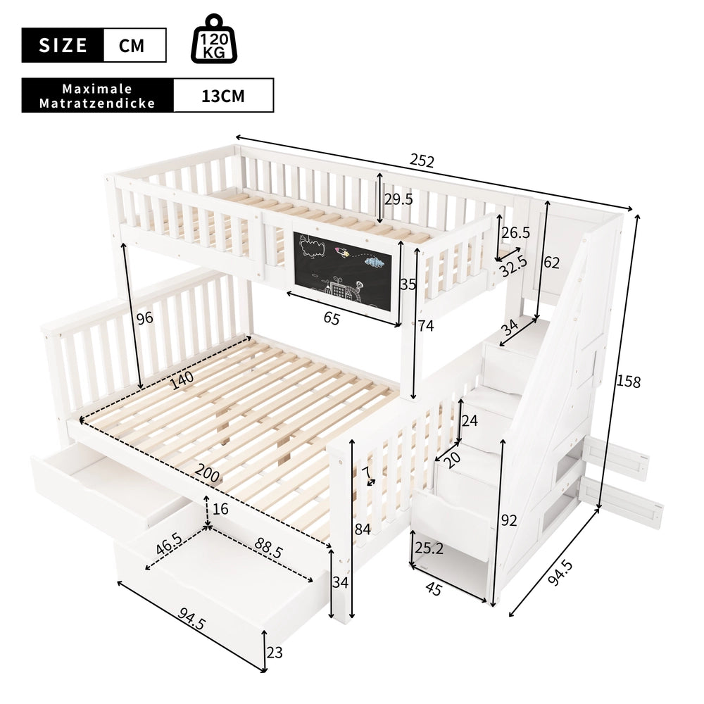 Letto a Castello Multifunzionale per Bambini con Cassetti e Lavagna ¨C Xylo ¨C Bianco 90x200+140x200